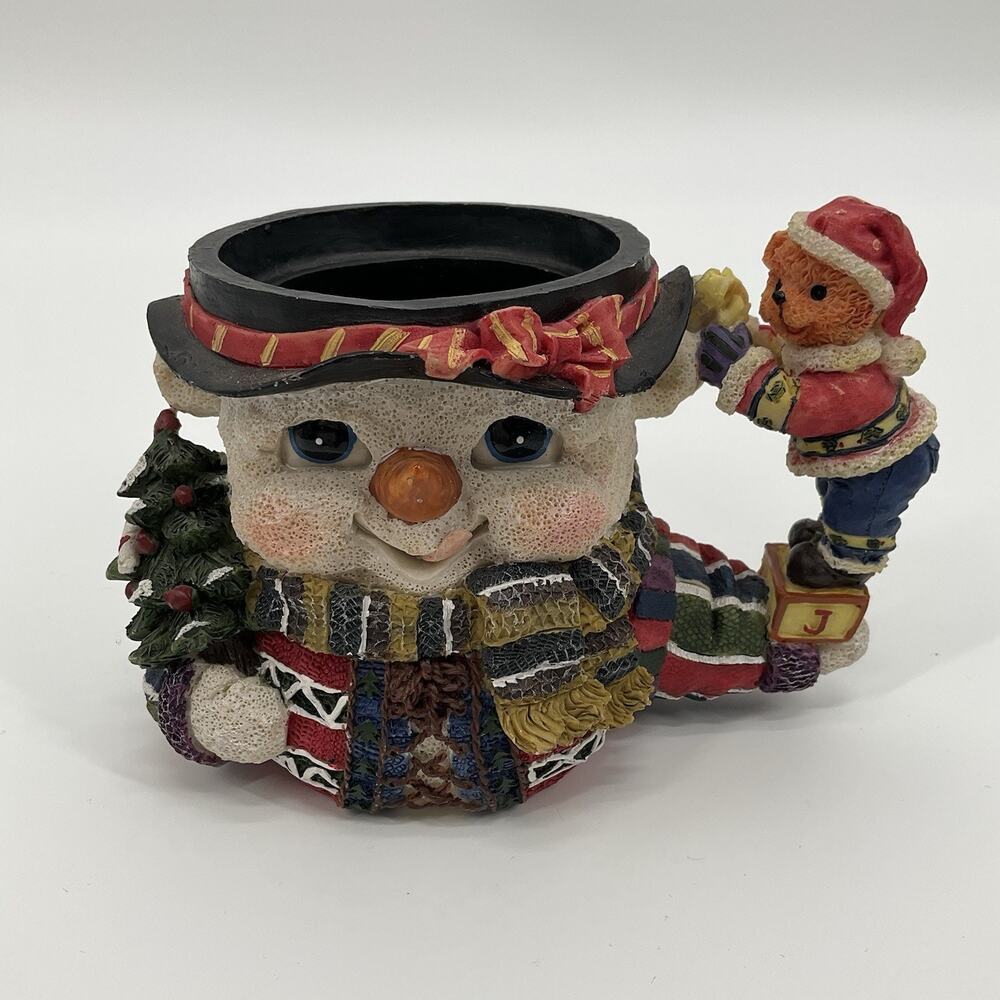 Vintage Snowman Decorative Mug Resin Christmas Candle Holder Holiday Teddy Bear